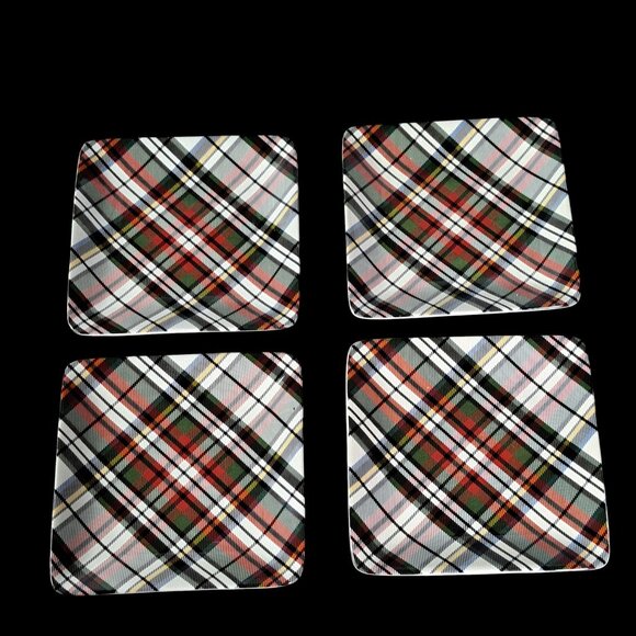 Set Of 4 Pottery Barn Denver Red Plaid Appetizer Plates Square 5.75” Stoneware - Picture 4 of 14